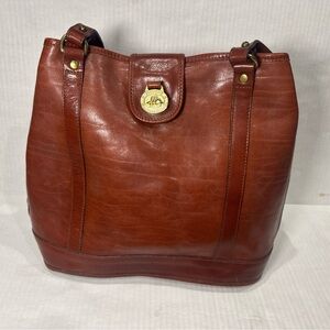 Vintage Brahmin Flower Leather Bucket Bag Cognac three compartment See Pictures